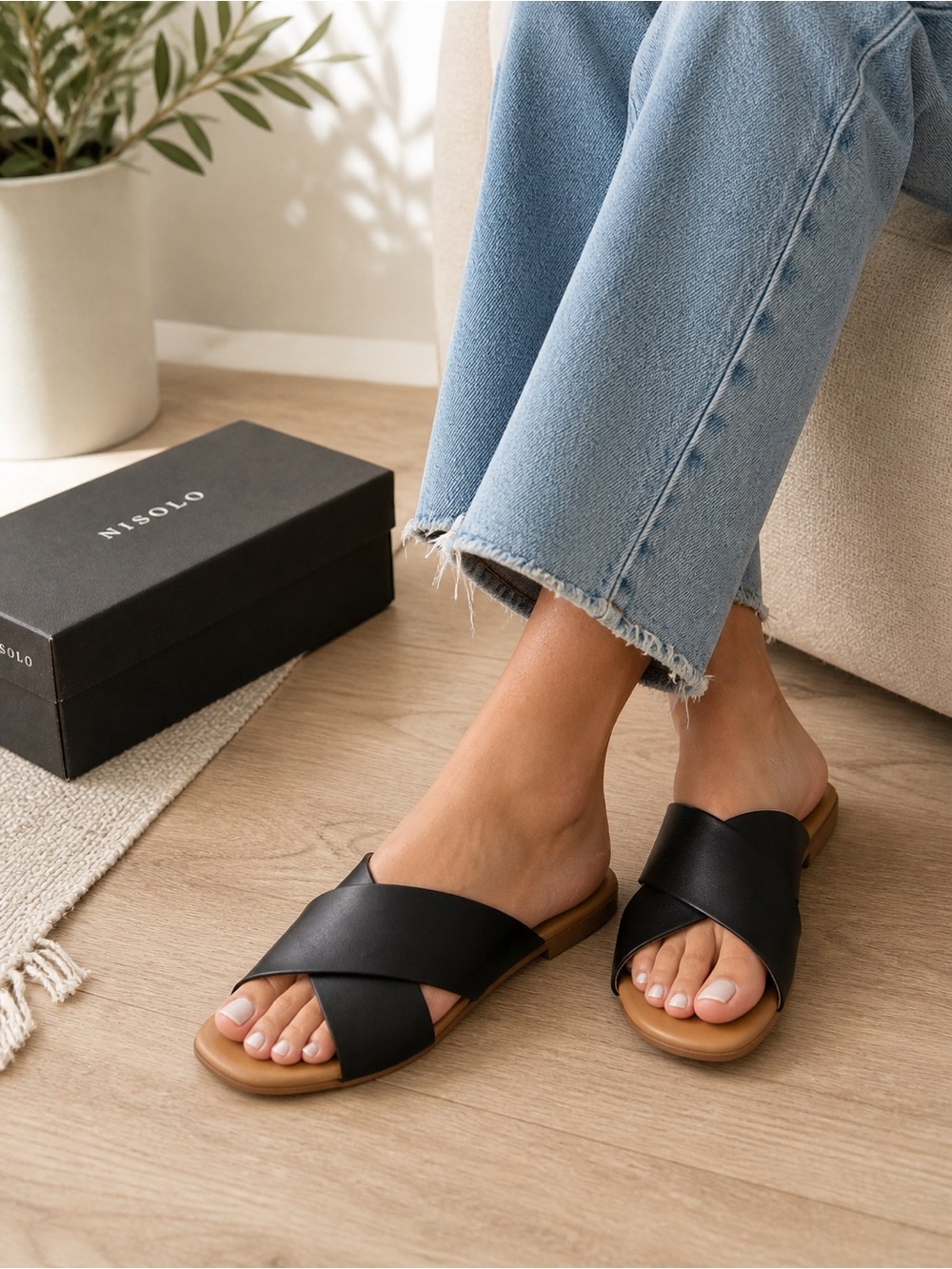 Nisolo Leather Catalina Slides Black Size 6 Minimalist Summer Sandals New